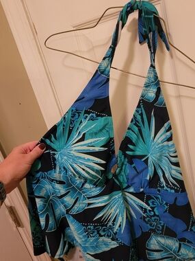 Tropical Halter Swim Dress in Teal & Navy 16W